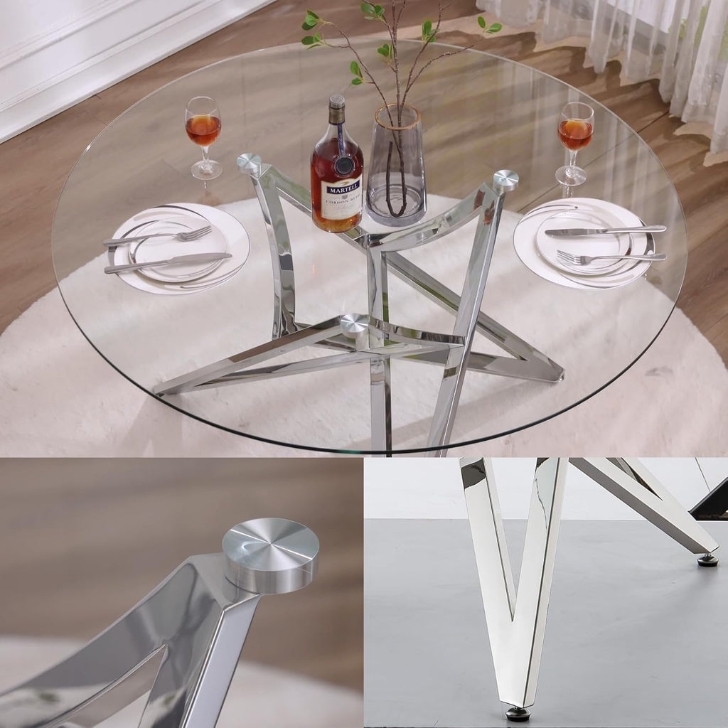 Glass Round Dining Table, 47.2" Modern Round Table with Silver Mirrored Geometric Legs, Gorgeous Clear Circle Table for Kitchen Dining Room, Apartment, Small Spaces