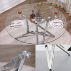 Glass Round Dining Table, 47.2" Modern Round Table with Silver Mirrored Geometric Legs, Gorgeous Clear Circle Table for Kitchen Dining Room, Apartment, Small Spaces