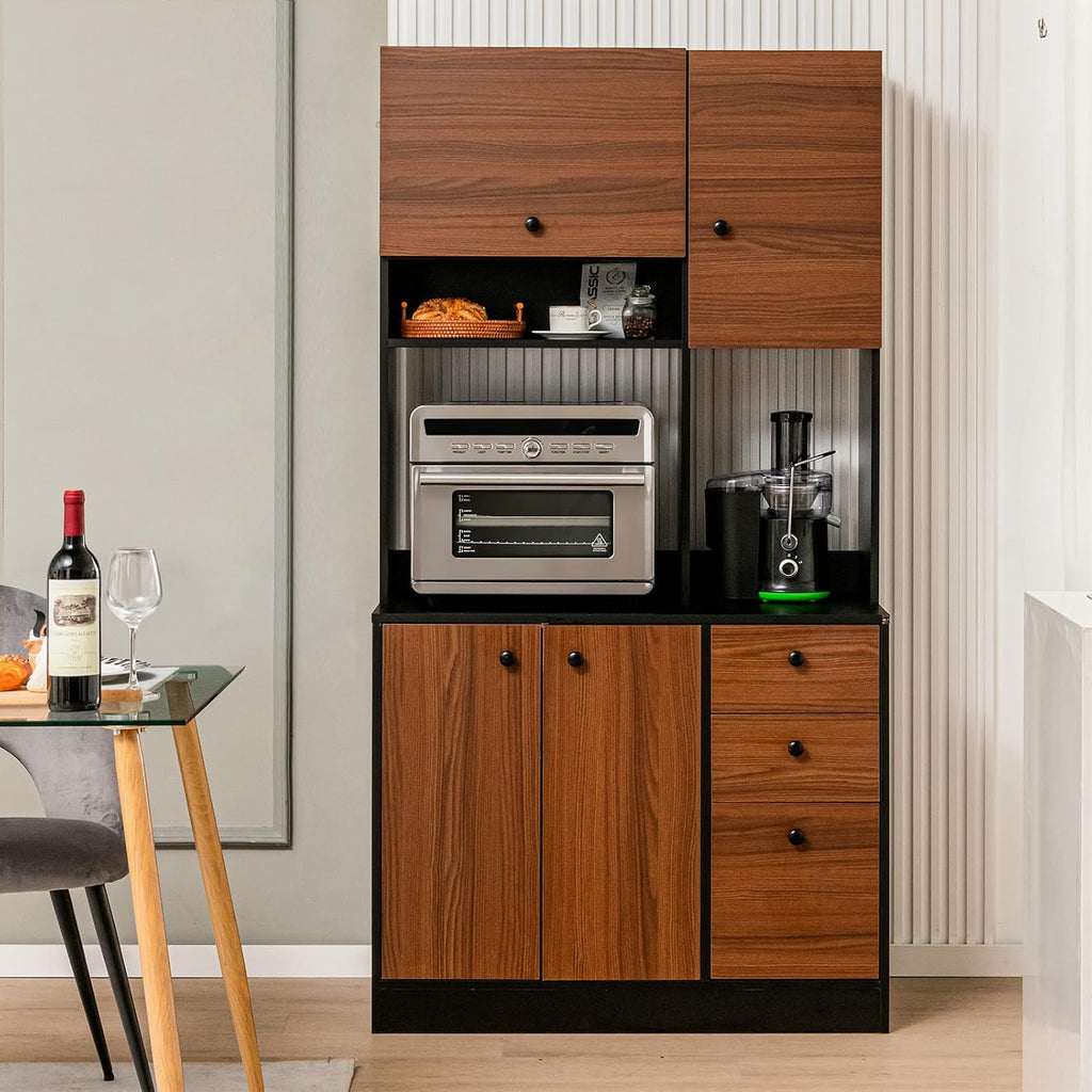 LOKO 71” Tall Kitchen Pantry Storage Cabinet, Freestanding Buffet Hutch with Doors, Adjustable Shelves, 3 Drawers and Microwave Stand, Kitchen Hutch for Dining Room, Living Room (Walnut)