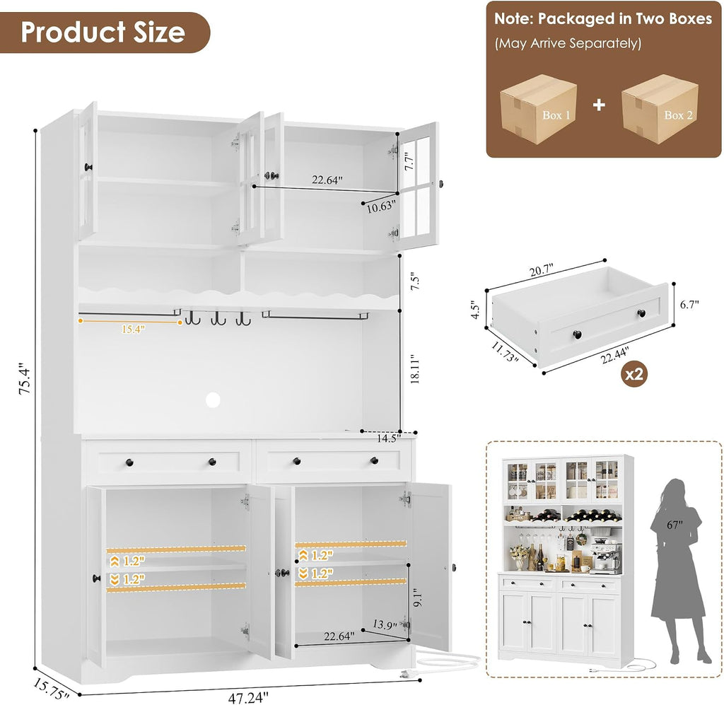 HOSTACK 75" Kitchen Pantry Storage Cabinet, Coffee Bar Hutch Cabinet, White | Tall Pantry Cabinet with Charging Station / Wide Countertop / Glass Doors / Wine Rack / Cup Holder / Drawers, Dining Room