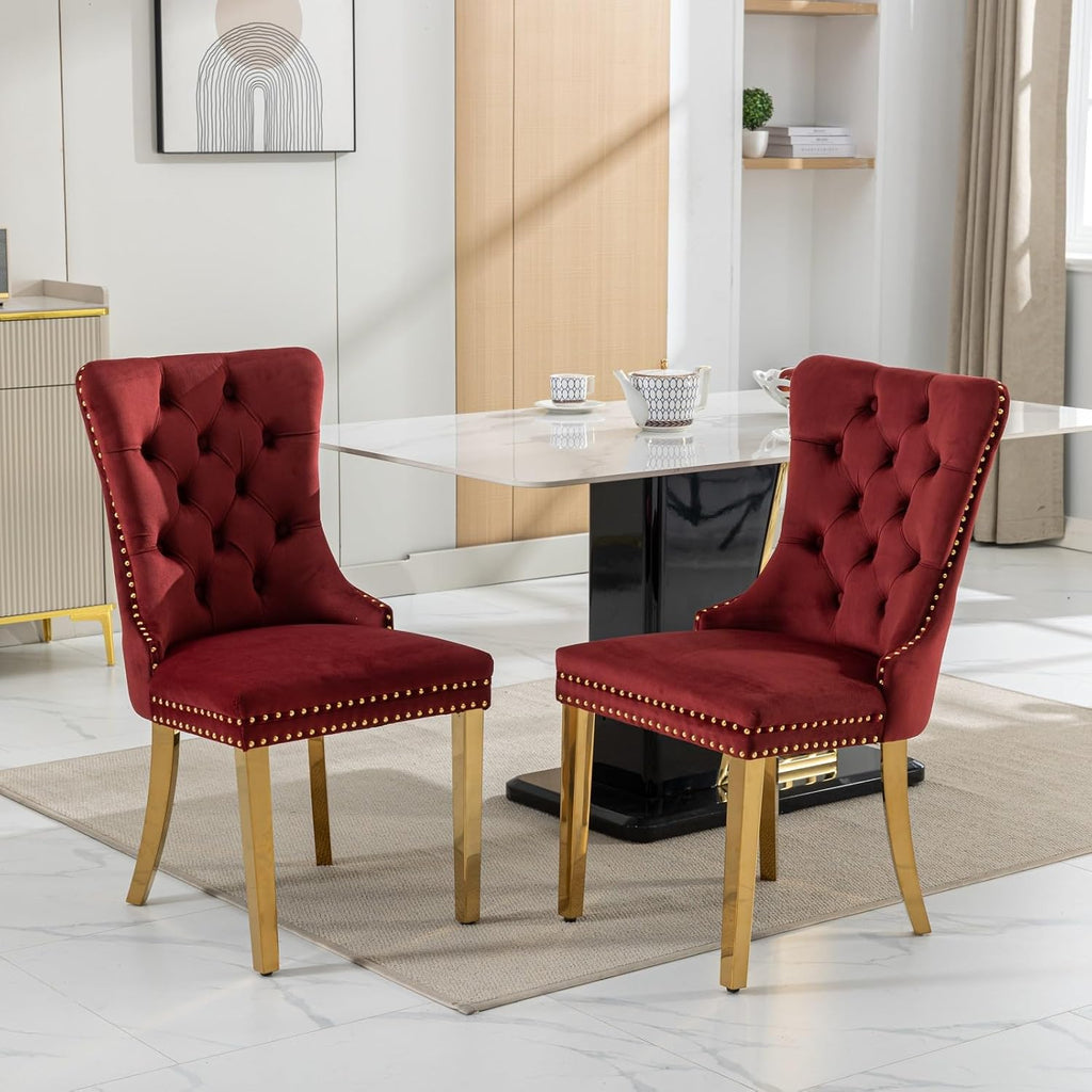 Aoowow Velvet Upholstered Dining Chairs Set of 2, Wingback Armless Side Chairs Button Tufted with Solid Wood Legs for Kitchen Dining Room (Burgundy-Chrome)