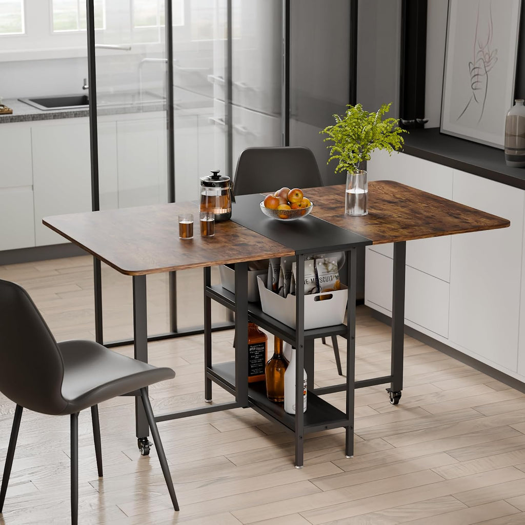 Mondeer 140 cm Folding Dining Table, Kitchen Table for Small Spaces, 4-6 People | Foldable table, sufficient storage space, 360° wheels easy to move and lock, kitchen, dining room, living room, brown