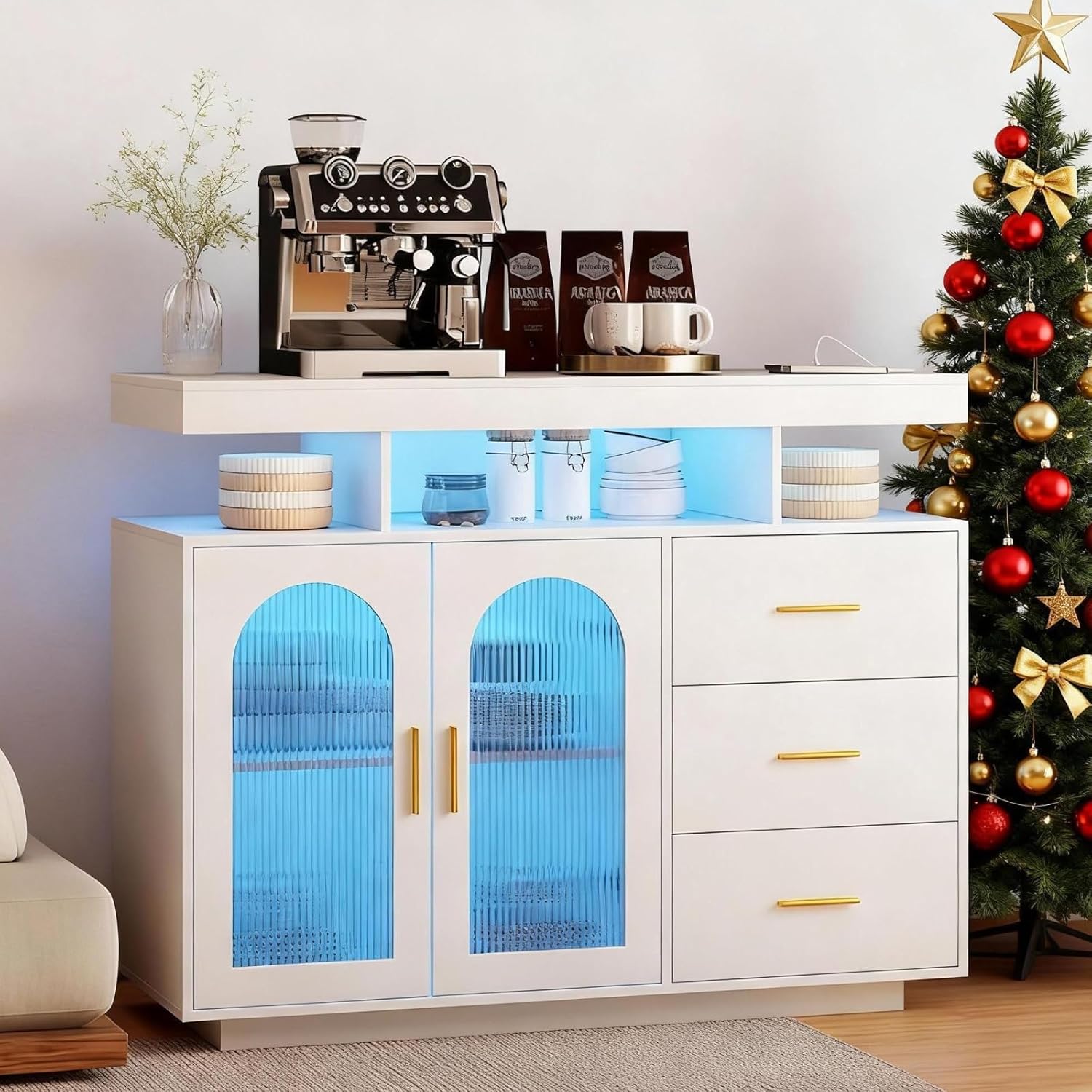 40" LED Buffet Cabinet with Charging Station, Auto Sensor Kitchen Storage Cabinet with RGB 24 Color Lights, Coffee Bar Cabinet with 3 Drawers,Sideboard Buffet Cabinets for Living Room (White)