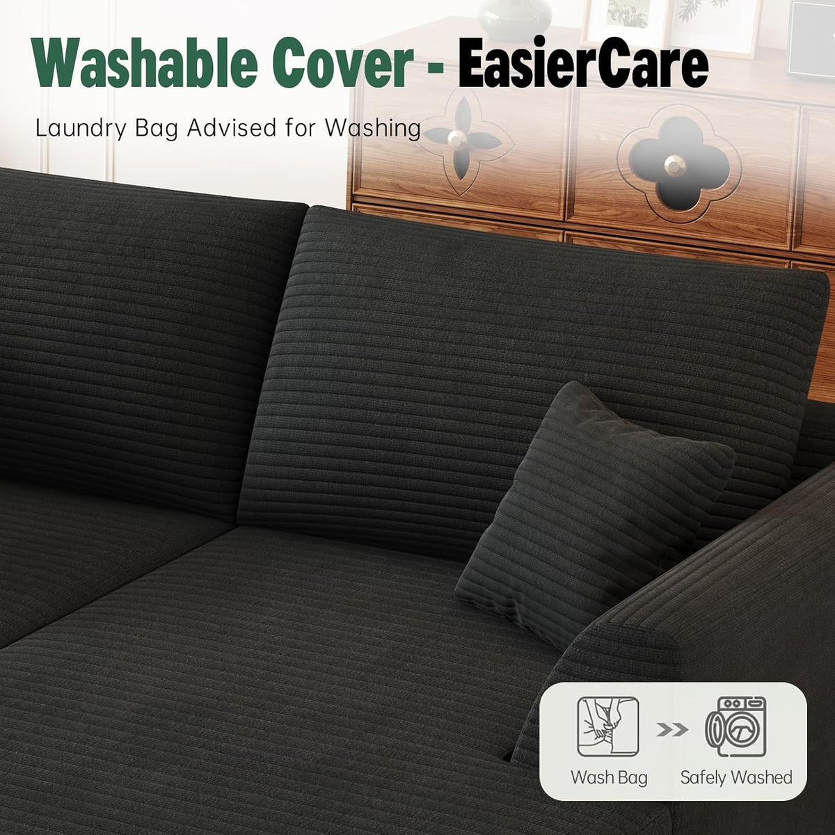 106" Modular Sectional Sofa with Deep Seat, L-Shaped Corduroy Couch with Reversible Chaise, 3-Piece Set for Living Room Bedroom Apartment, No Assembly Required