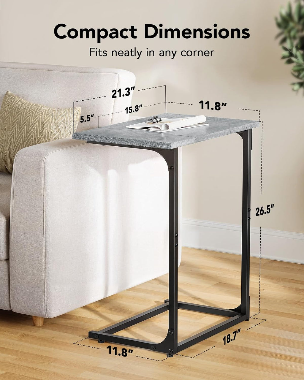 Pipishell C-Shaped Side Table, C Table for Sofa with Two-Piece Desktop & Metal Frame, Large Surface End Table for Living Room, Bedroom, Bedside, Rustic Design, Grey