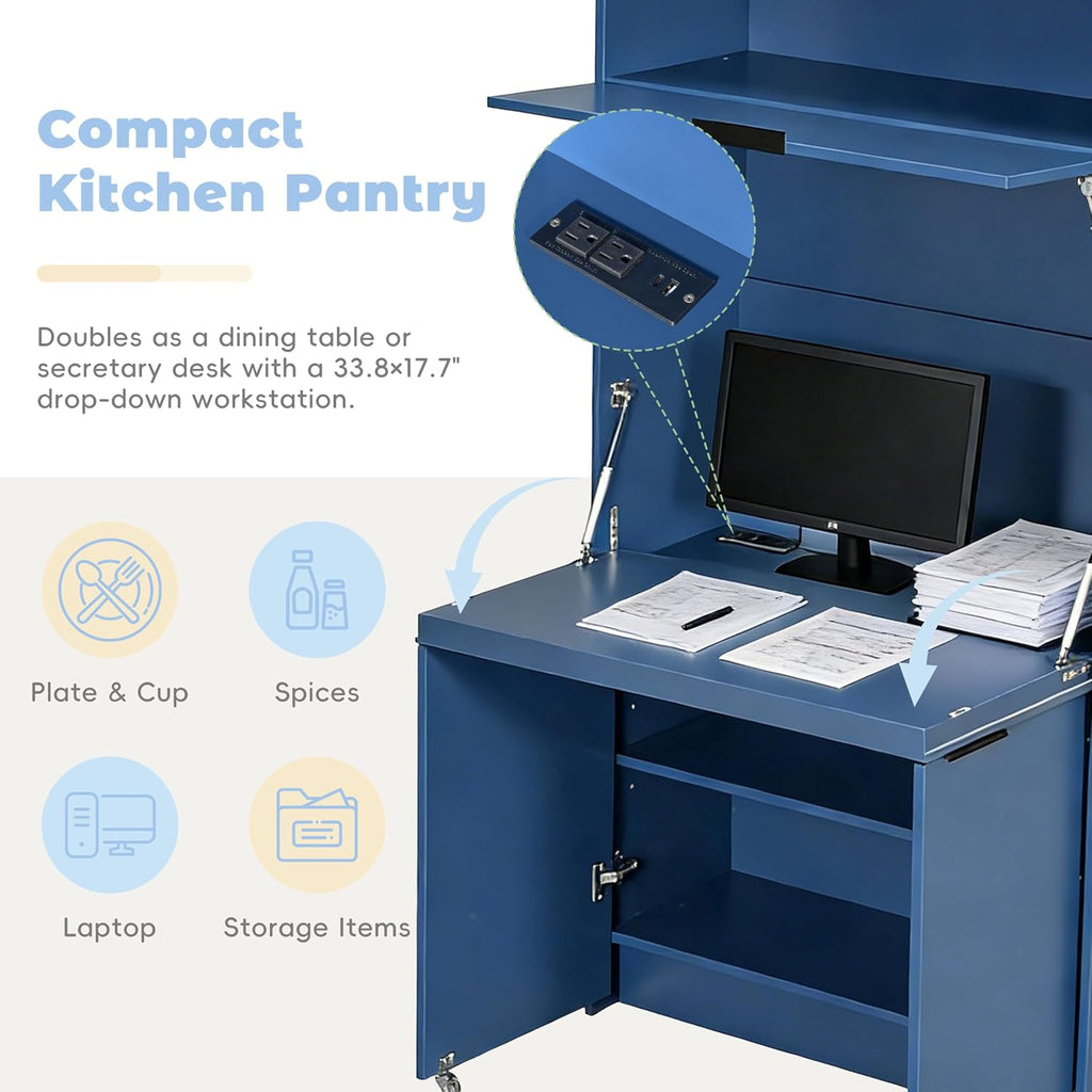 MERITLINE Compact Kitchen Pantry with Hutch and Foldable Workstation, Multifunctional 69''H Buffet Storage Cabinet with Adjustable Shelf & Power Outlet for Dining Living Room (Dark Blue)