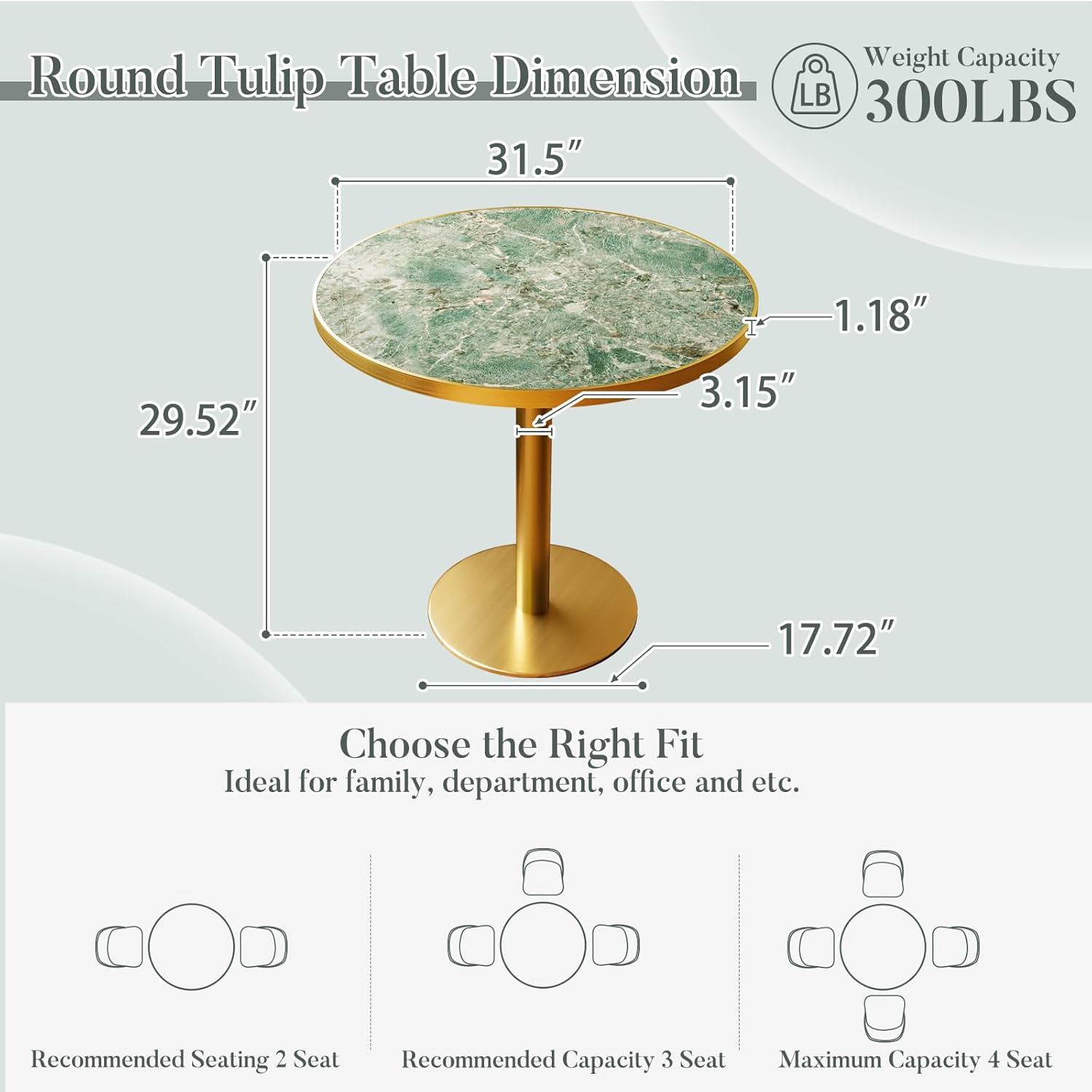31.5'' Tulip Table, Round Pedestal Dining Table with Sintered Stone Tabletop, Golden Edge & Base, Bistro Table for 2-4 Person for Dining Room/Cafe/Small Spaces/Restaurant (Rainforest Green Marble)