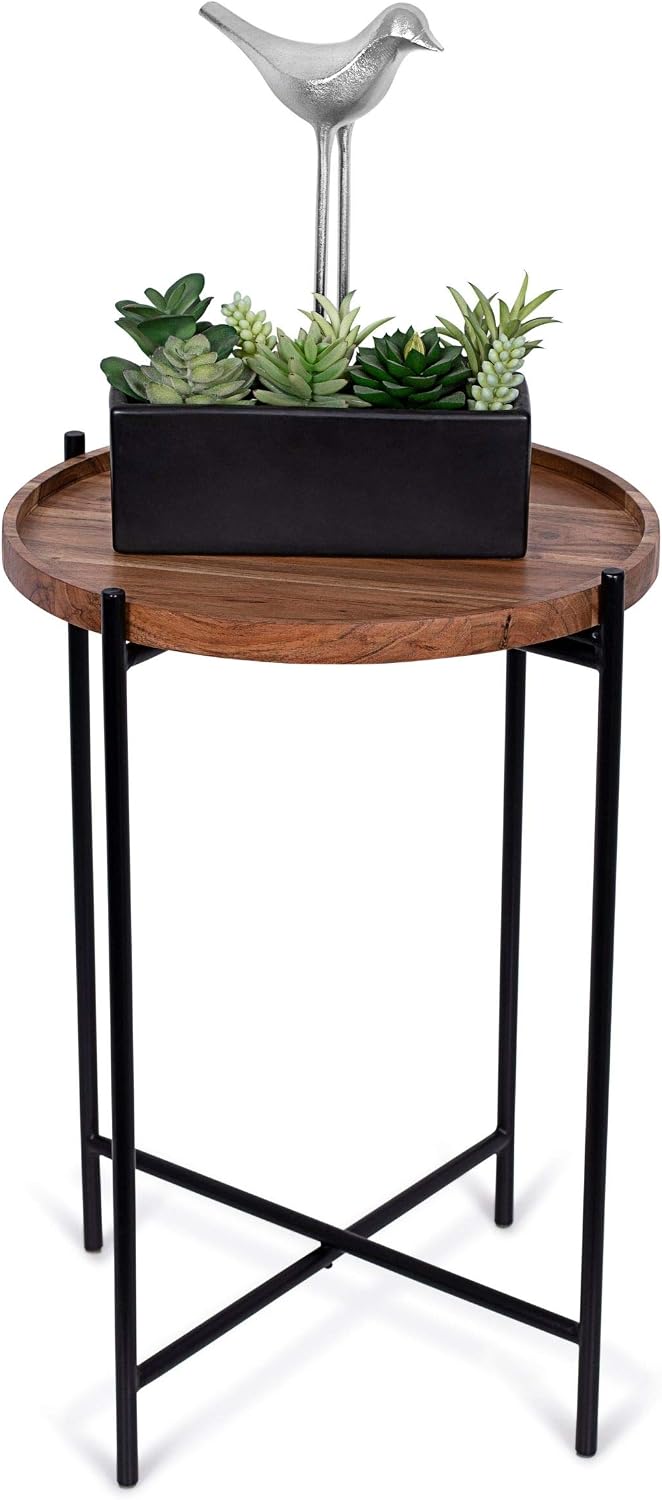 BIRDROCK HOME Folding Side Table with Removable Wood Tray - Modern Accent, Foldable End Table for Living Room, Bedroom - Portable Serving Tray for Decoration, Coffee, Drinks & Food - Natural Acacia