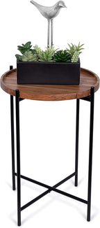 BIRDROCK HOME Folding Side Table with Removable Wood Tray - Modern Accent, Foldable End Table for Living Room, Bedroom - Portable Serving Tray for Decoration, Coffee, Drinks & Food - Natural Acacia