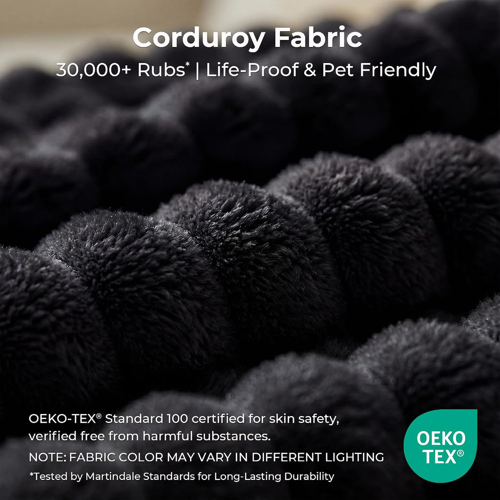 LIKIMIO Liorin Plush 71" Floor Loveseat Sofa Black Corduroy No Assembly | 2 Seater | High-Density Foam | 25.6" Deep Seat | 17.3" High Seat | Sofa in a Box | Ideal for Apartment/Living room