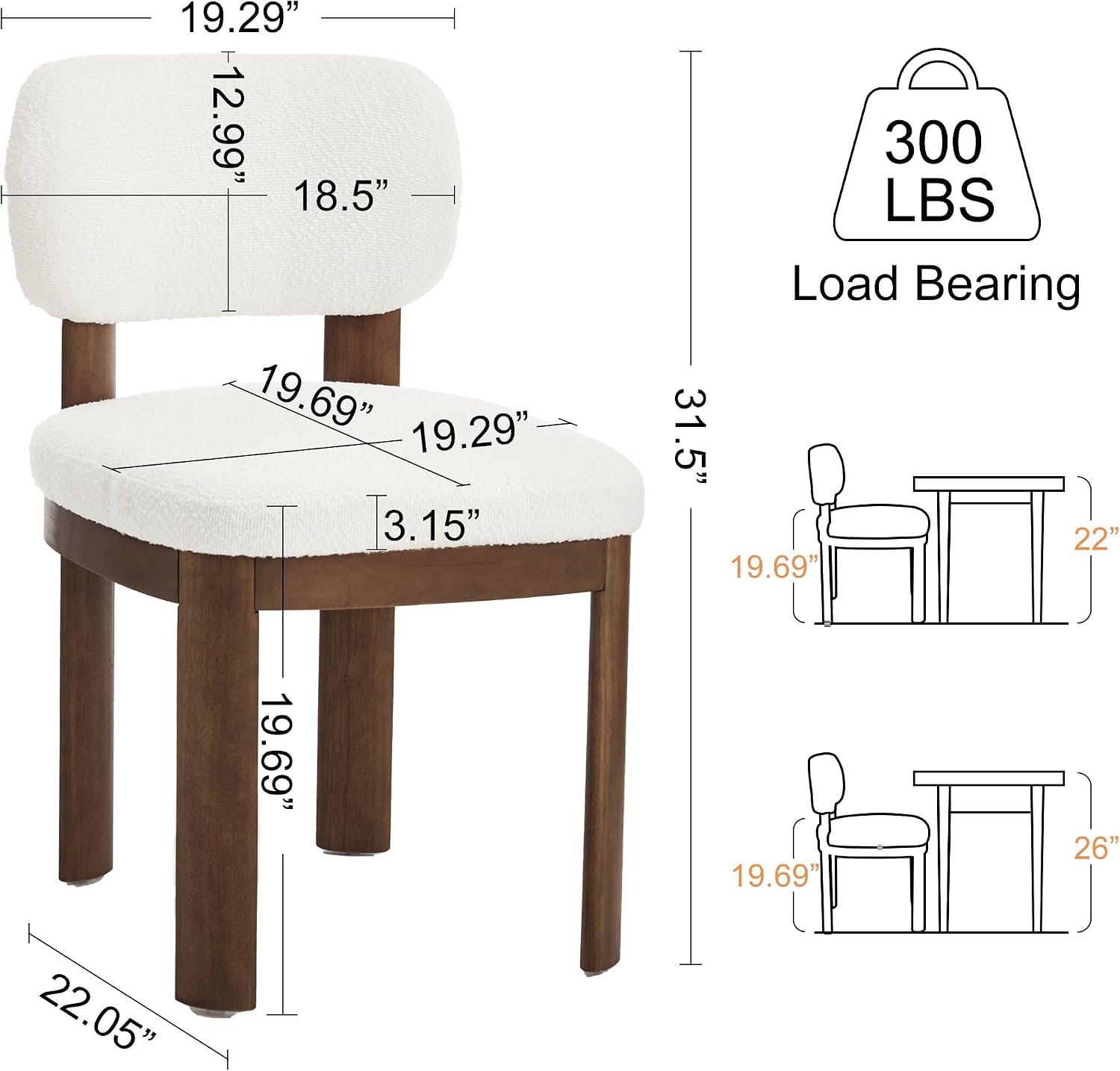 Dining Chairs Set of 2, Teddy Teddy Upholstered Kitchen Chairs with Curved Backrest and Solid Wood Legs, Farmhouse Side Chairs for Restaurant Cafe Living Room (White+Brown Legs)
