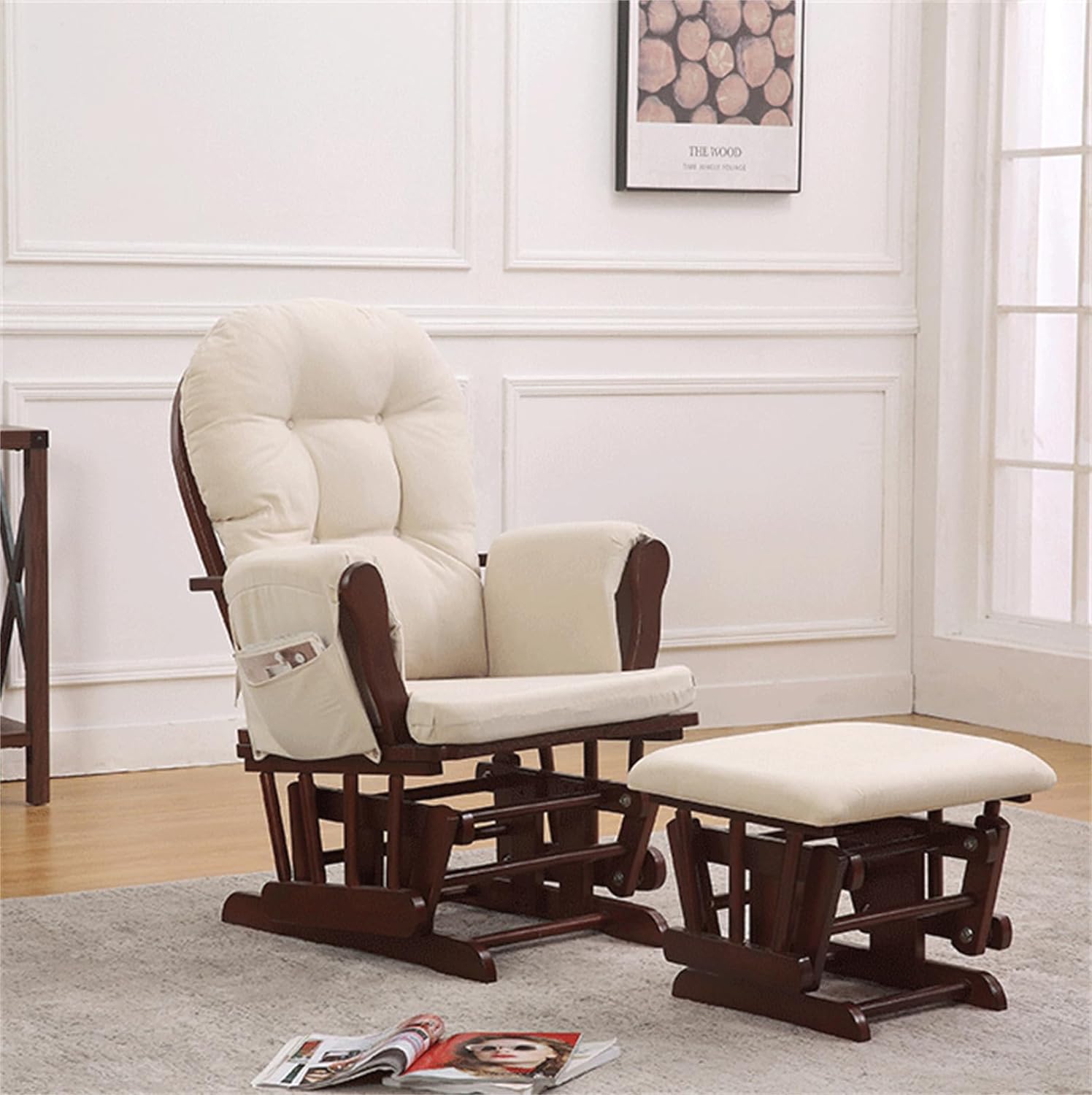 5Pcs Velvet Glider Rocker Replacement Cushions Set with Side Storage Pockets Washable & Non Slip Beige