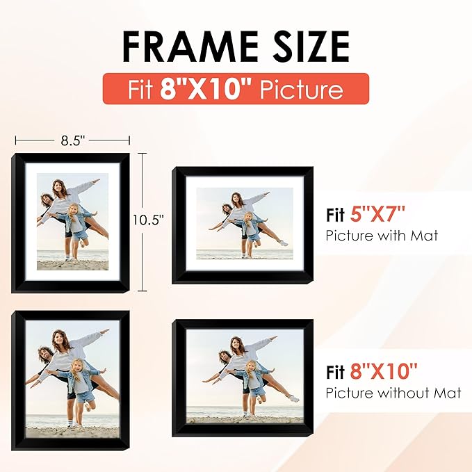 FIXSMITH 8x10 Picture Frame Set of 6, Black Photo Frames Bulk with HD Plexiglass, Display Pictures 5x7 with Mat or 8x10 Without Mat, Multi Picture Frames Collage for Tabletop or Wall Display