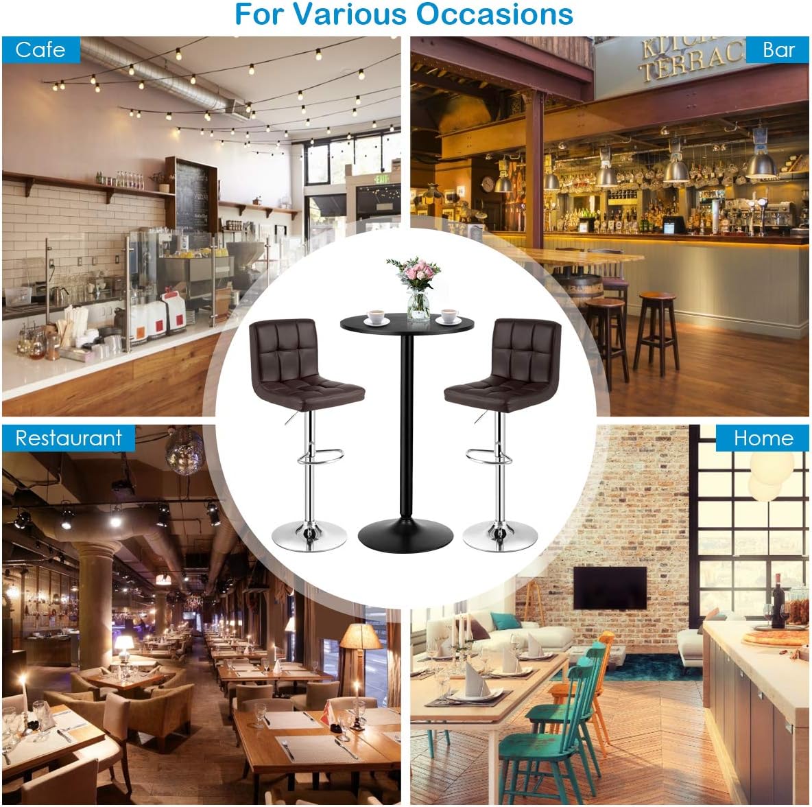 COSTWAY 3-Piece Bar Table Set, Counter Height Table Set with 2 Bar Stools | Round Cocktail Table and PU Leather Adjustable Swivel Chairs, for Kitchen, Office, Brown