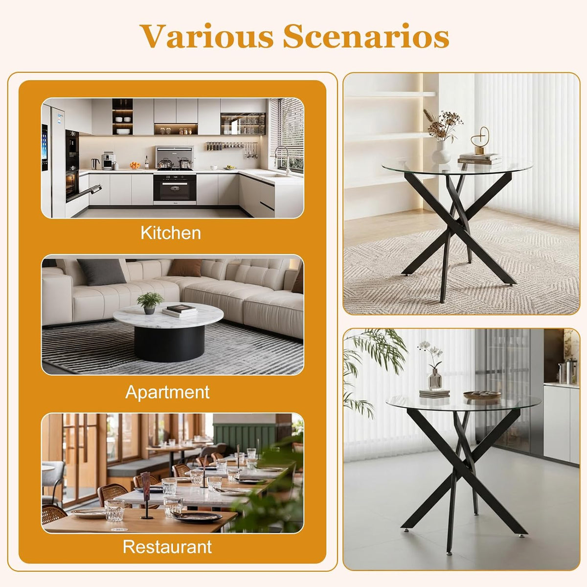 36" Round Glass Dining Table, Modern Kitchen Table with Clear Tempered Glass and Black Cross Metal Legs for Apartment, Small Spaces, Living Room