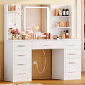 FIONESO Vanity Desk with Mirror and Lights, Makeup Vanity with 9 Drawers & Power Outlet, 5 Hooks & 6 Open Shelves, 3 Lighting Colors & Adjustable Brightness, White Vanity for Girls