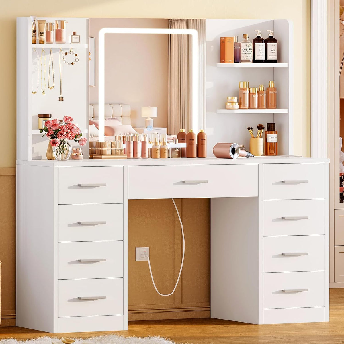 FIONESO Vanity Desk with Mirror and Lights, Makeup Vanity with 9 Drawers & Power Outlet, 5 Hooks & 6 Open Shelves, 3 Lighting Colors & Adjustable Brightness, White Vanity for Girls