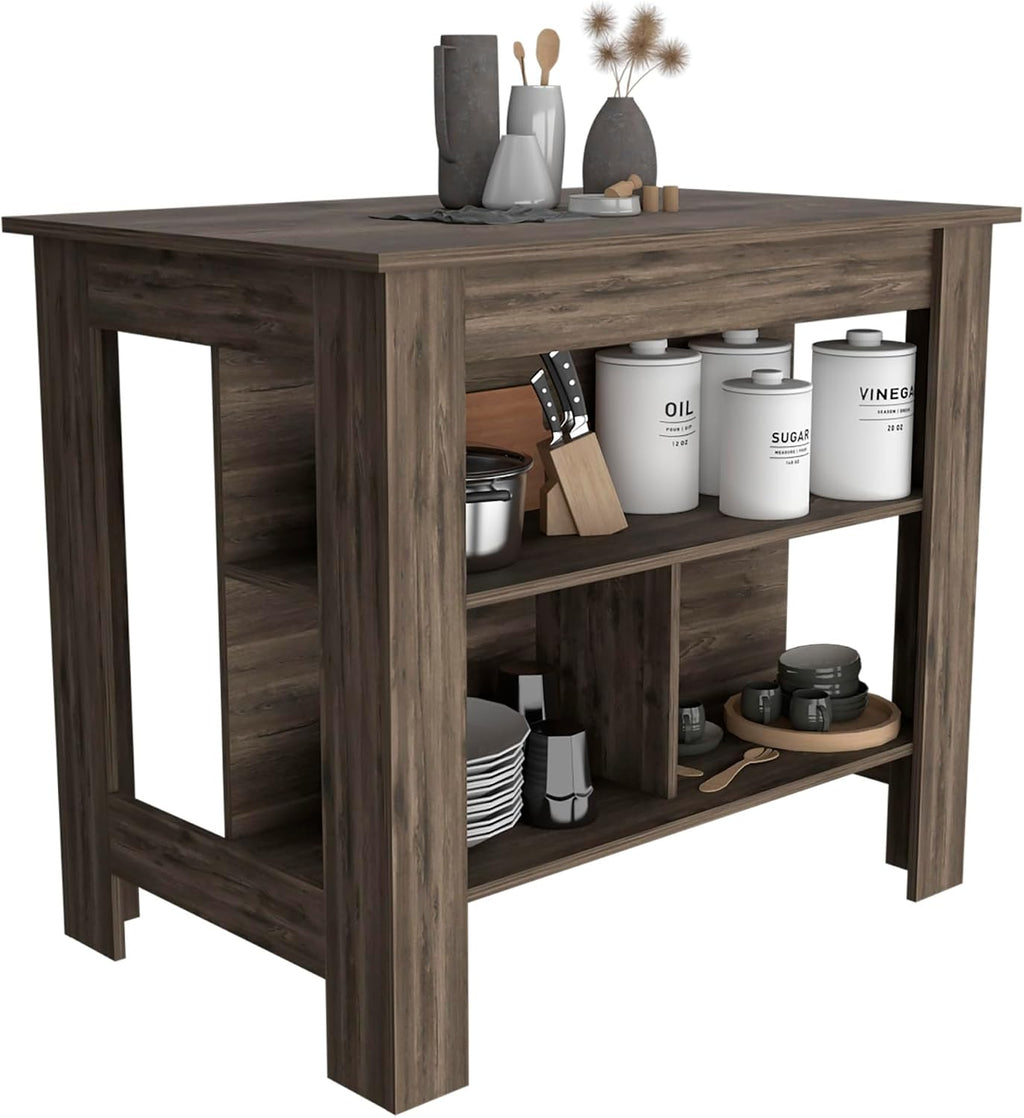 Dark Brown Kitchen Island with Three Shelves and Four Legs | Spacious kitchen island with three storage shelves and wide top surface for meal prep