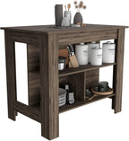 Dark Brown Kitchen Island with Three Shelves and Four Legs | Spacious kitchen island with three storage shelves and wide top surface for meal prep