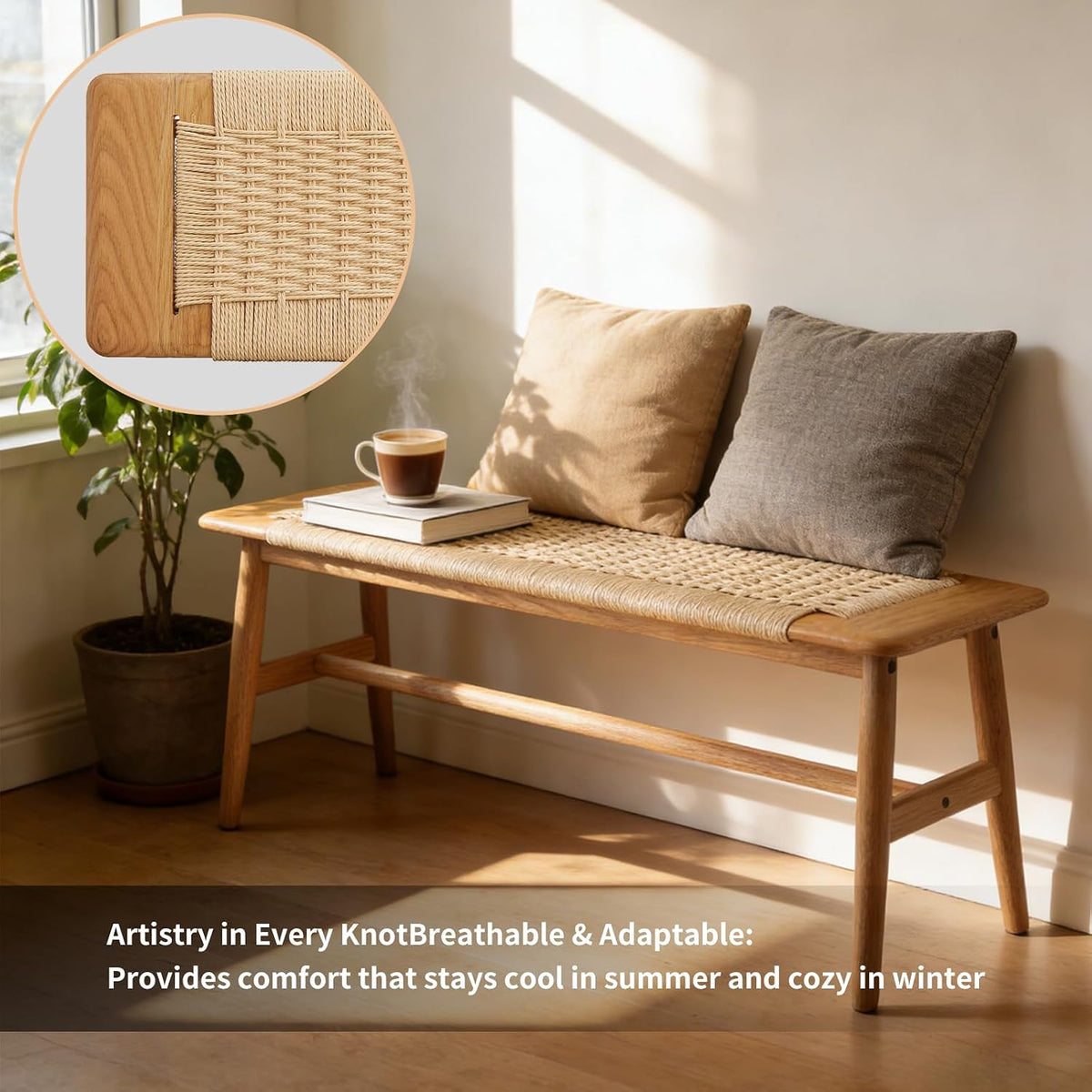47 Inch Boho Dining Bench Solid Oak with Hand Woven Rattan - Skinny Narrow Bench for Entryway, End of Bed Bench for King Bed, Modern Farmhouse Natural Wicker Hallway Seating
