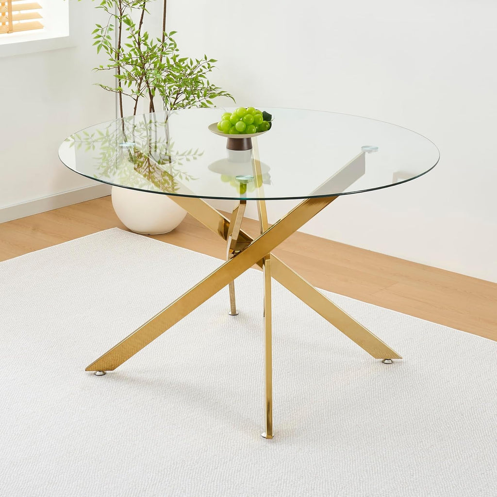 5 Piece Round Glass Dining Table Set for 4, 47" Round Dining Table & Chair Set Modern Circle Glass Kitchen Table and 4 Velvet Upholstered Chairs for Kitchen Dining (Gold Table & Gold Chair)