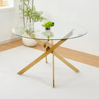 5 Piece Round Glass Dining Table Set for 4, 47" Round Dining Table & Chair Set Modern Circle Glass Kitchen Table and 4 Velvet Upholstered Chairs for Kitchen Dining (Gold Table & Gold Chair)