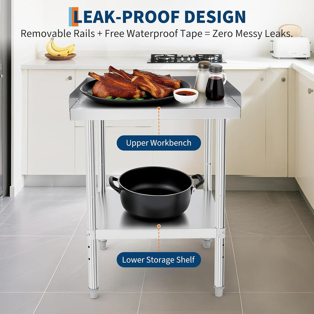 Equipment Grill Stand Table 12x24x30 Inch Stainless Steel NSF Certified 400 Lbs Capacity with Adjustable Legs, 2" Edge Baffle, for Hotel, Home, Commercial Restaurant Kitchen