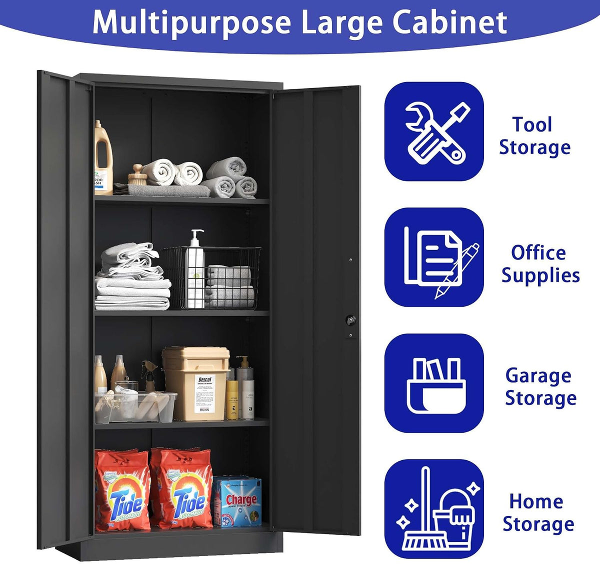 Lockable Cabinet Metal Storage Cabinet, 69" Locking Metal Storage Cabinet with 3 Adjustable Shelves,Black Metal Cabinet with 2 Doors and Lock for Office, Garage, Home (Black, 69")