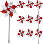 Hausse 10 Pack Reflective Pinwheels, Extra Sparkly Wind Sculptures for Garden Christmas Holiday Winter Decor, Bird Devices Deterrent to Scare Birds Away from Yard Patio Farm, Red & Silver