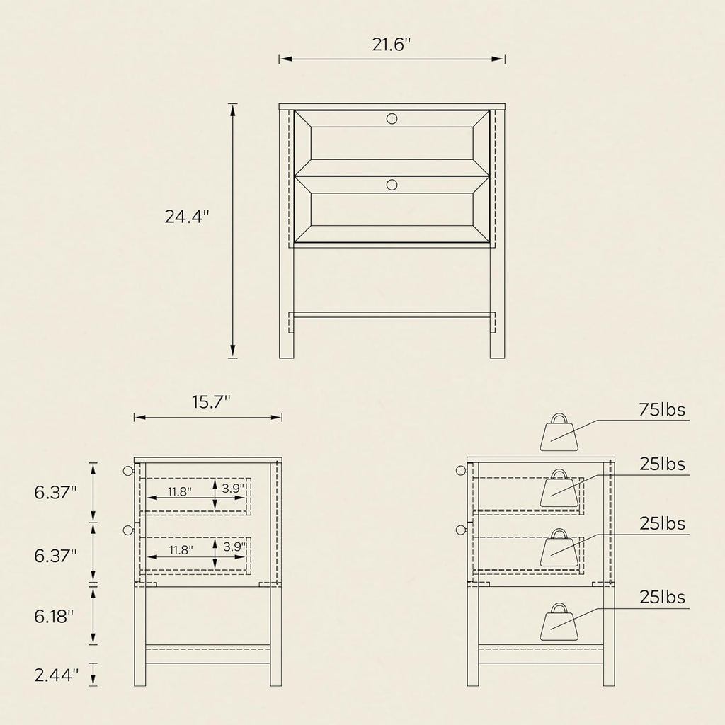 End Table with 2 Drawers, Farmhouse Nightstand with Open Shelf, Modern Bedside Cabinet Side Table Night Stand for Bedroom, Living Room, Natural Oak