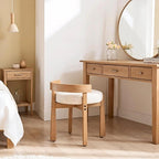 HEAH-YO Wood Vanity Chair with Back, Linen Upholstered Small Ottoman Footstool, Mid-Century Modern Makeup Chair with Solid Wood Legs for Makeup Room Bedroom Living Room, Beige