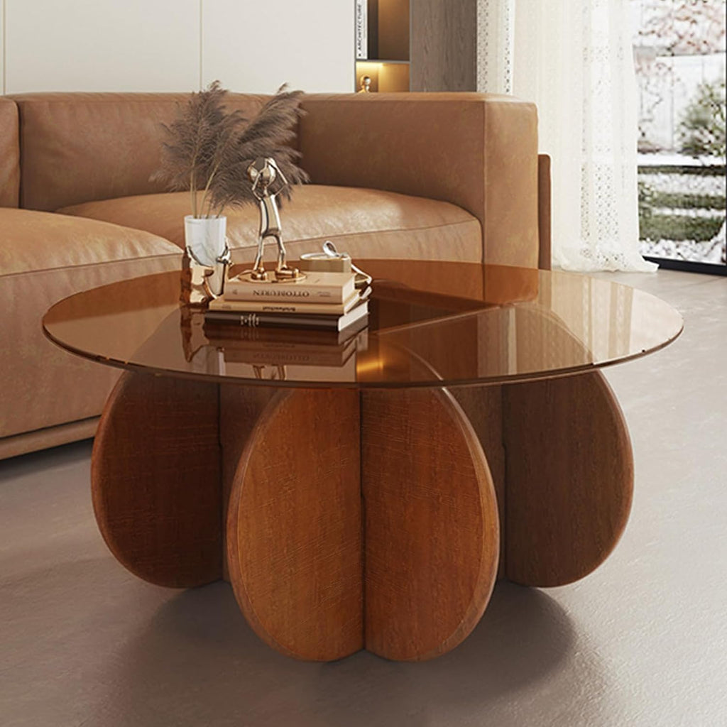 Modern Round Coffee Table with Solid Wood Legs,31.5'' Glass Coffee Tables for Living Room Rustic Circle Center Cocktail Table with Tempered Glass-Top,for Small Spaces, Unique