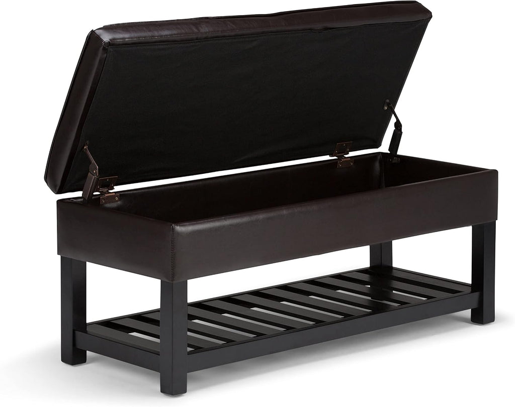 SIMPLIHOME Cosmopolitan 44" Wide Vegan Leather Storage Ottoman in Brown | Tanners brown, transitional storage ottoman bench with tufted lift-top and open shelf; rectangle footstool or footrest.