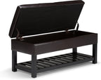 SIMPLIHOME Cosmopolitan 44" Wide Vegan Leather Storage Ottoman in Brown | Tanners brown, transitional storage ottoman bench with tufted lift-top and open shelf; rectangle footstool or footrest.