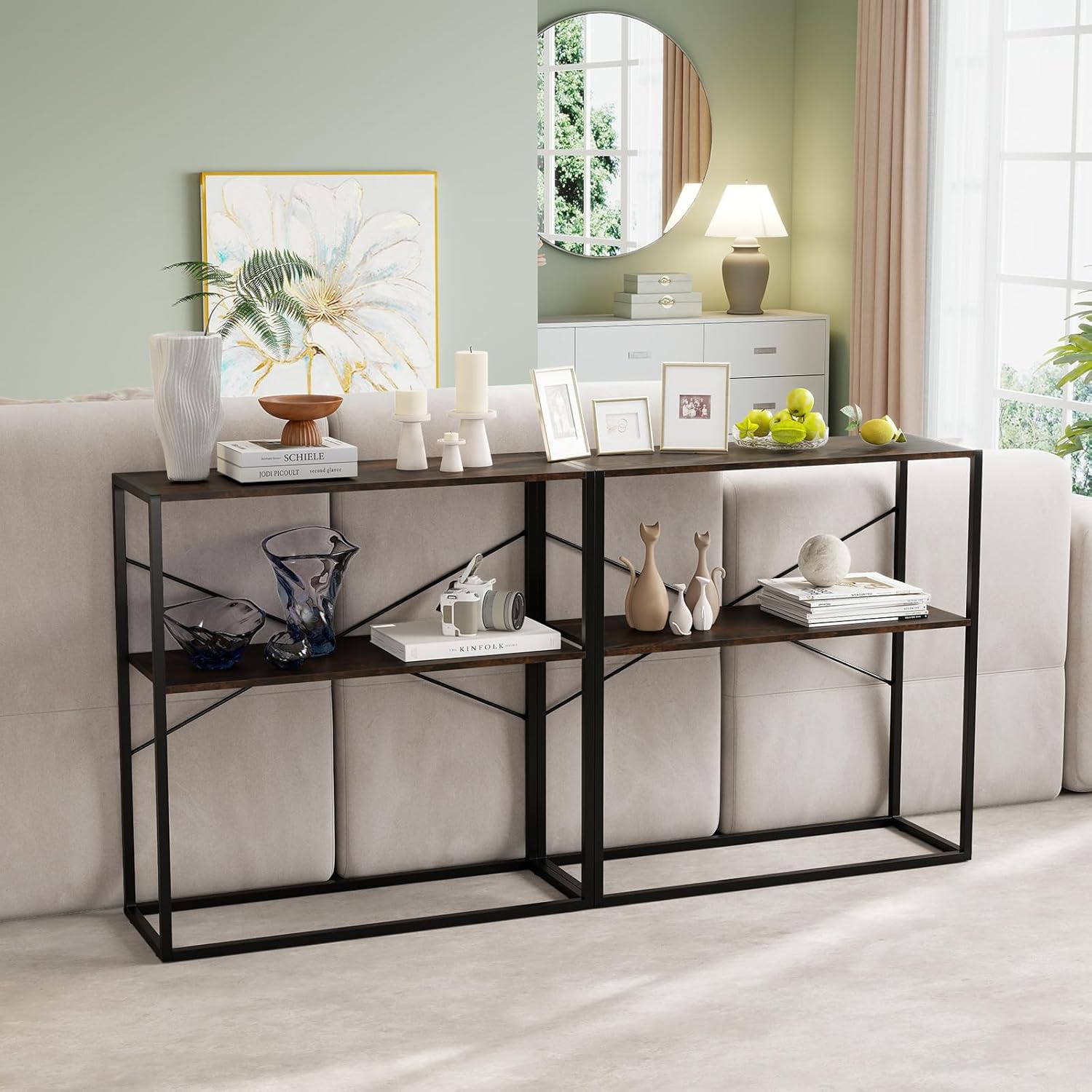 Giantex 36" Narrow Console Table, 2-Tier Entryway Tables with Wood Grain Top & Heavy-Duty Metal Frame, Behind Couch Table, Rustic Sofa Tables with Open Storage Shelves for Entrance, Living Room, Foyer