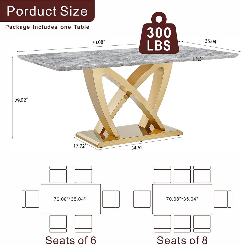 Modern Dining Table 70" Rectangular Kitchen Table with Imitation Marble Grain MDF Wooden Top & Iniregular Gold Base,Faux Marble Dinner Furniture for Kitchen Dining Room/Meeting Room