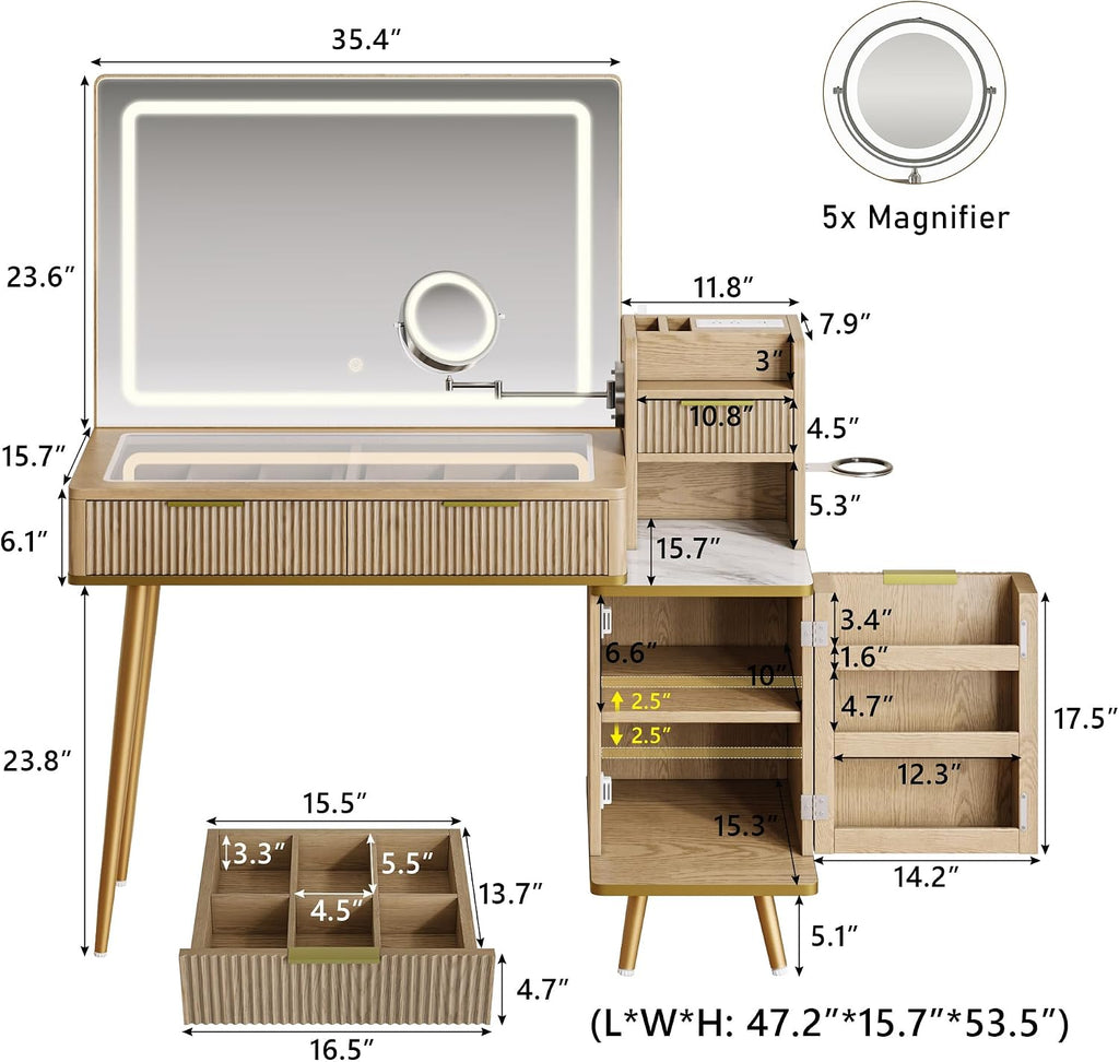 iPormis Makeup Vanity Desk with HD & 5X Mirror and Lights, 47 inch Make up Vanity w/Magnifying, Fluted Glass Top Dressing Table w/Power Outlets & Adjustable Storage,Natural