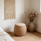 Round Ottoman Natural Seagrass Braided Poof Hand Weaving Round Ottomans Boho Footrest Stool for Home Living Room Bedroom Patio(37cm/14.5in)