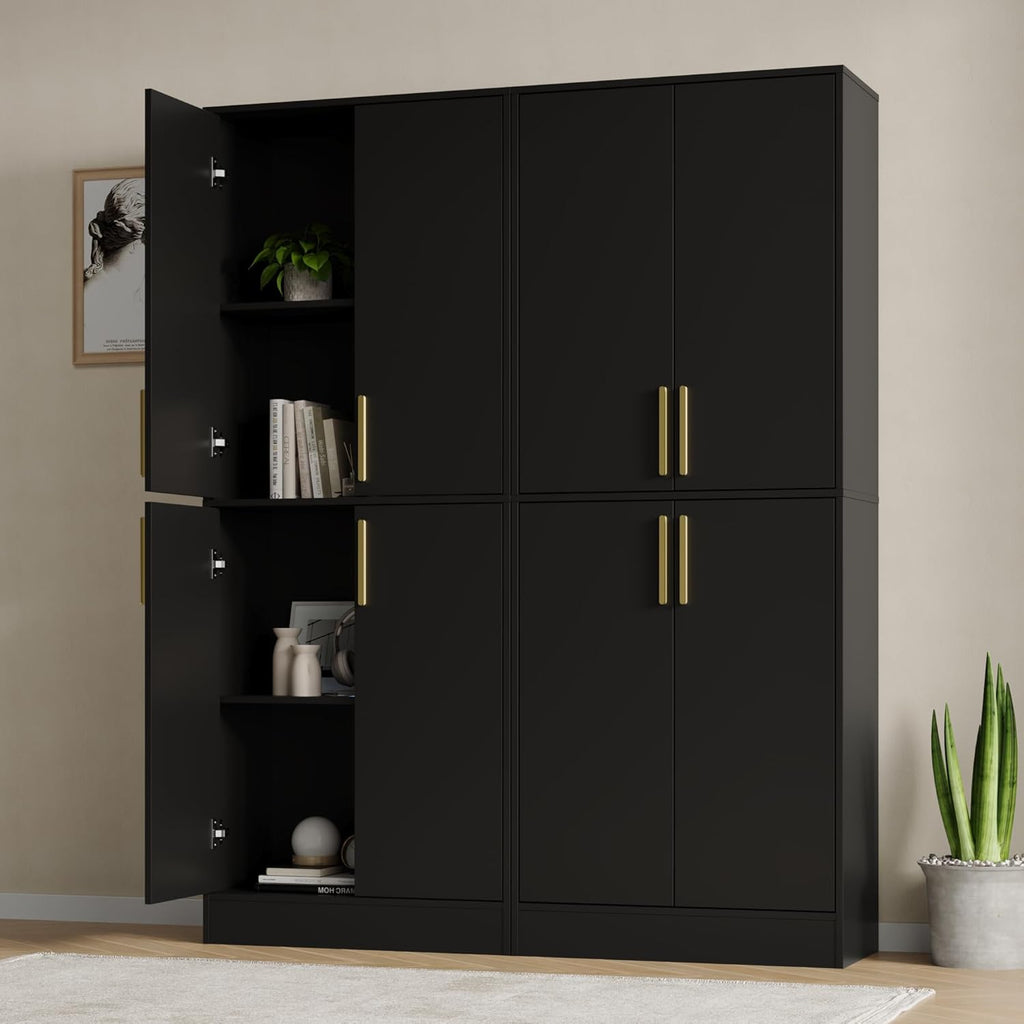 Housoul 71" Tall Pantry Cabinet, 4 Doors Kitchen Pantry Storage Cabinet, Freestanding Larder Cupboard, Kitchen Hutch with Gold Handles for Dining Room, Bathroom, Black