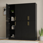 Housoul 71" Tall Pantry Cabinet, 4 Doors Kitchen Pantry Storage Cabinet, Freestanding Larder Cupboard, Kitchen Hutch with Gold Handles for Dining Room, Bathroom, Black
