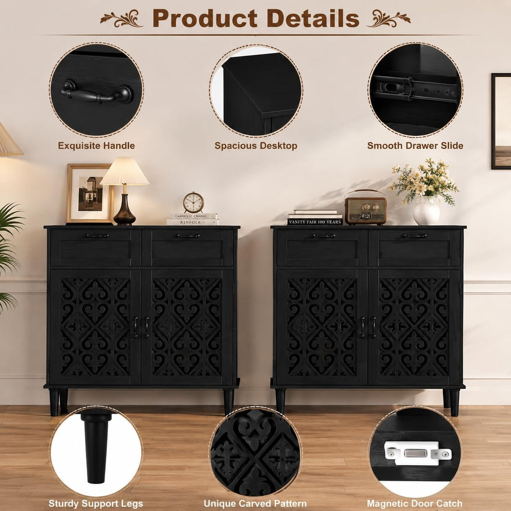 Sideboard Cabinet with 2 Doors & 2 Drawers - Adjustable Storage Console Table for Living Room, Bathroom - Modern Farmhouse Storage Cabinet with Black Handles