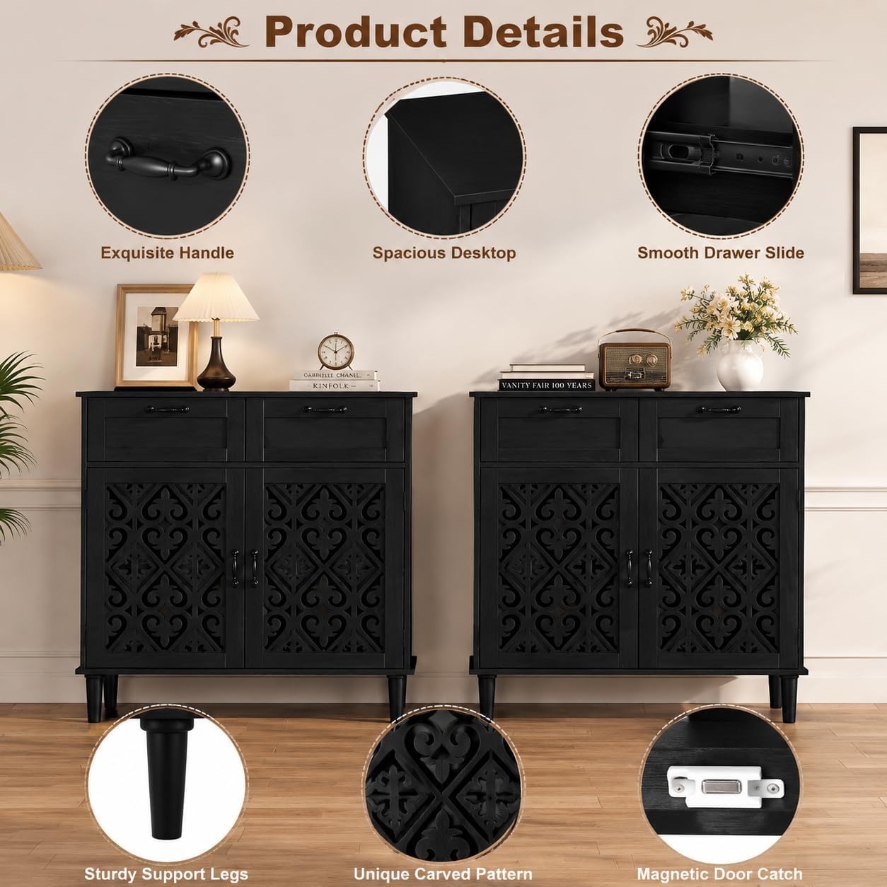 Sideboard Cabinet with 2 Doors & 2 Drawers - Adjustable Storage Console Table for Living Room, Bathroom - Modern Farmhouse Storage Cabinet with Black Handles