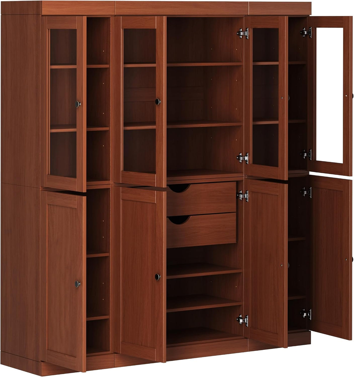 Palace Imports 100% Solid Wood Kitchen China Pantry Cabinet, 65" W - 4 Clear Glass & 4 Shaker Doors, Renewable Eco-Friendly Wood, Made in Brazil (Mocha, 8 China/Shaker Doors | 2 Drawers)