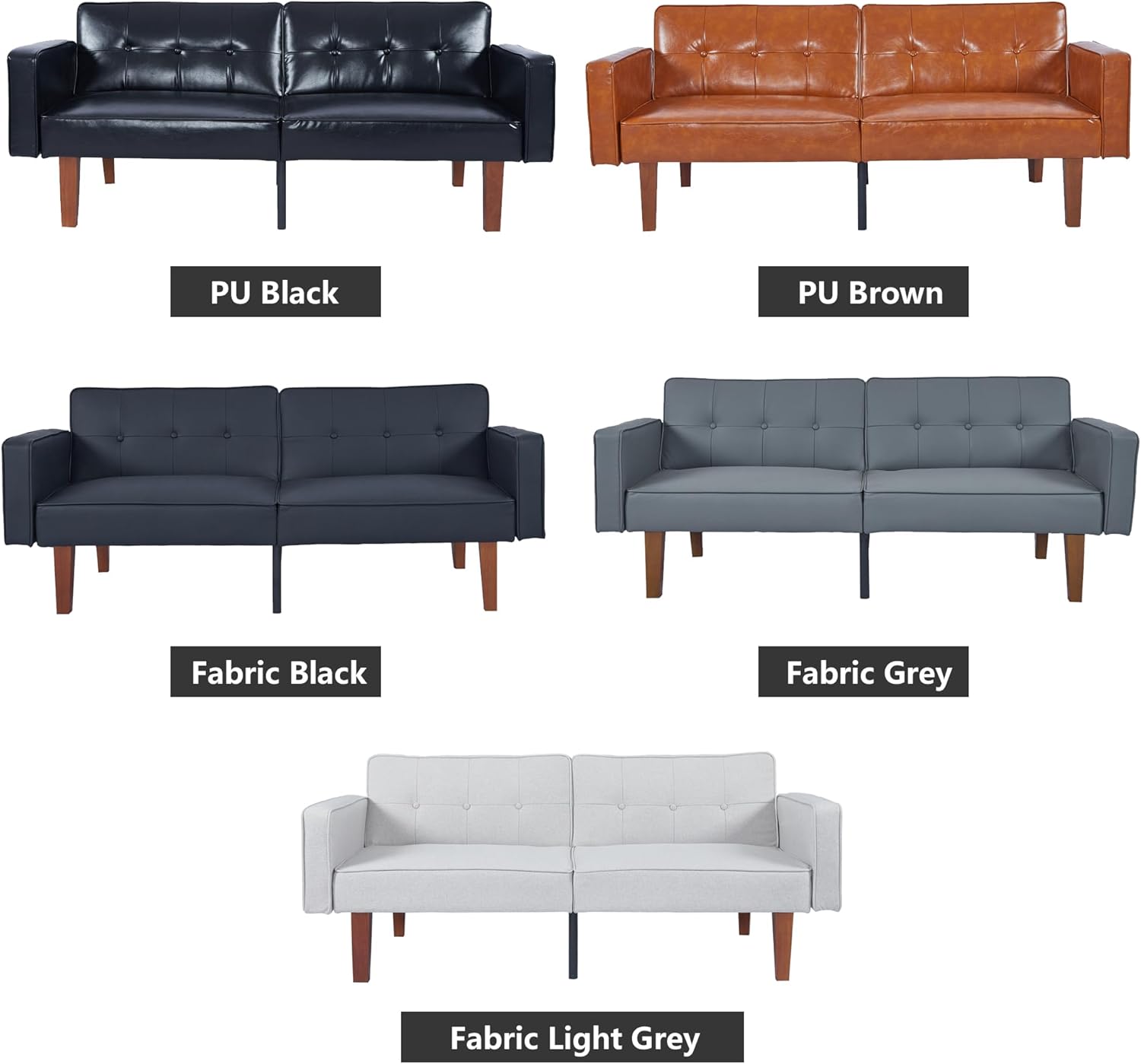 mikibama Convertible PU Leather Black Futon Sofa Bed with Split Back,Mid Century Modern Sleeper Couch Beds,68.11" Tufted Loveseat Futons for Living Room RV, Small Spaces
