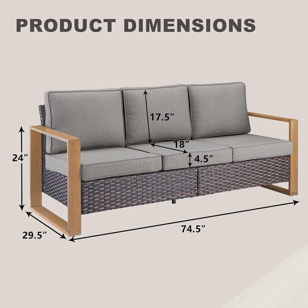 Rilyson Outdoor Couch Wicker Patio Sofa, Rattan Patio Furniture Sofa with Sturdy Frame,All-Weather PE Wicker,Wide Armrest,Deep Seating and Thick Cushions for Deck Porch Garden(Brown/Grey)