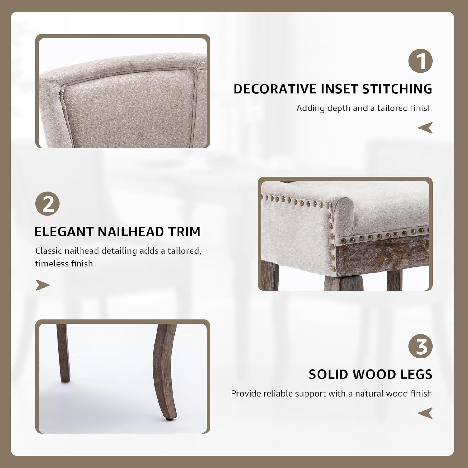 Upholstered Dining Chairs Set of 2, Beige Fabric Kitchen Chair with Nailhead Trim, Farmhouse High Back Kitchen & Dining Room Chairs, Solid Wood Legs, Sillas de Comedor (Beige, 2 Pcs)