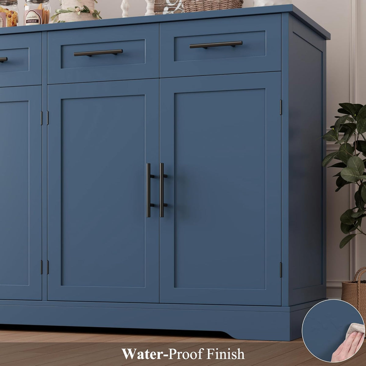HOSTACK 60" Large Buffet Sideboard with Storage, 36" Tall Kitchen Buffet Storage Cabinet with 4 Drawers, Modern Coffee Bar Cabinet with Black Handles, Long Sideboard Buffet Table for Kichen, Blue