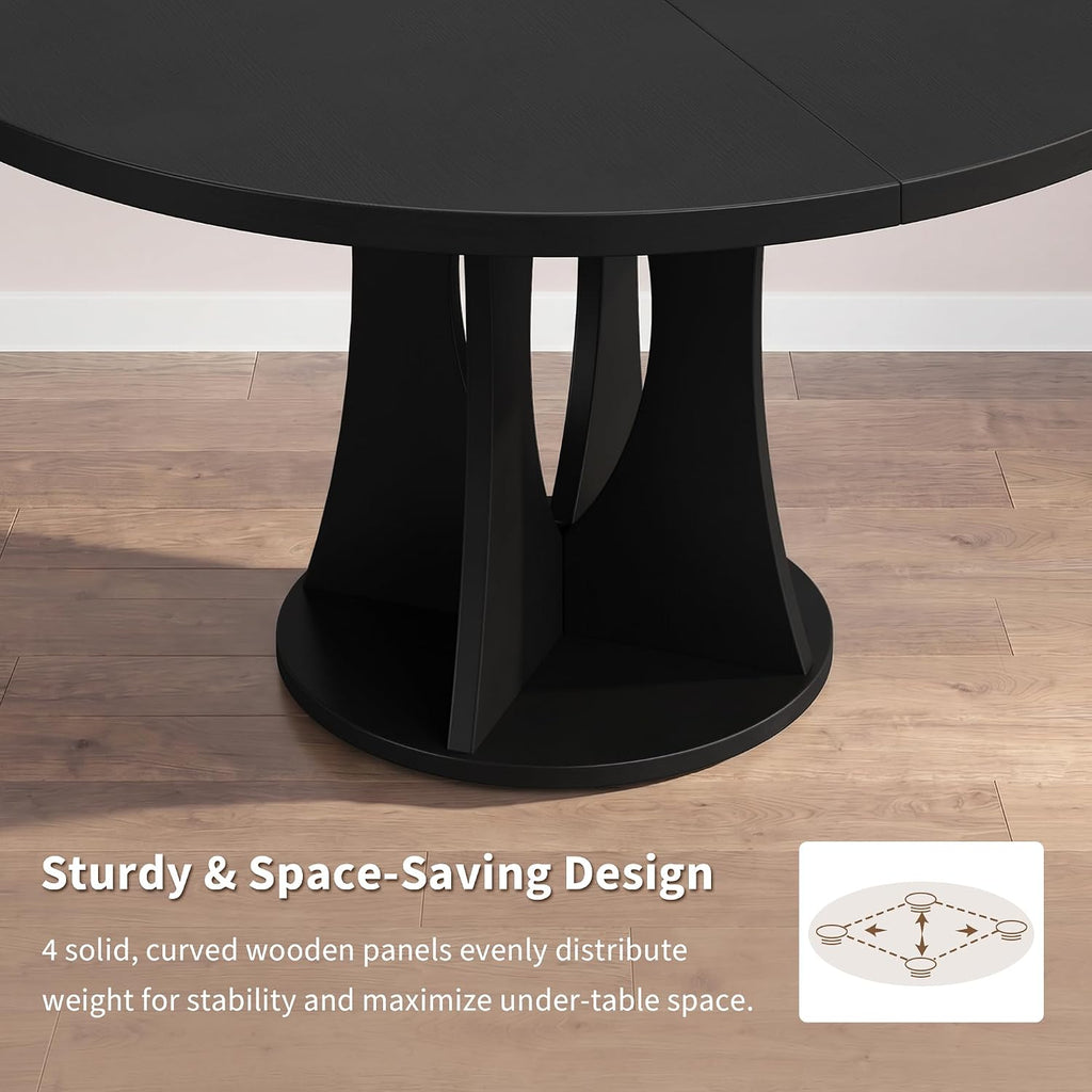 iPormis 43-59" Round Dining Table Set for 4, 5-Piece Kitchen Table & Chairs Set for 4, Extendable Dining Room Circle Table with 4 Upholstered Chairs for Small Space, Black Table + 4 Black Chairs
