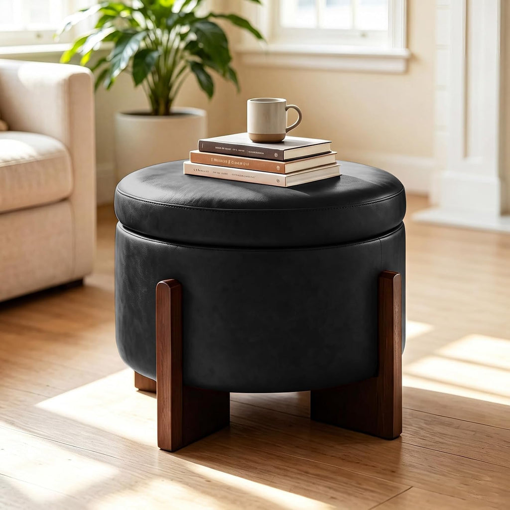 Leather Ottoman with Storage and Ash Wood Legs, Modern Foot Stool，Round Storage Ottoman Coffee Table for Living Room,Bedroom (Black)