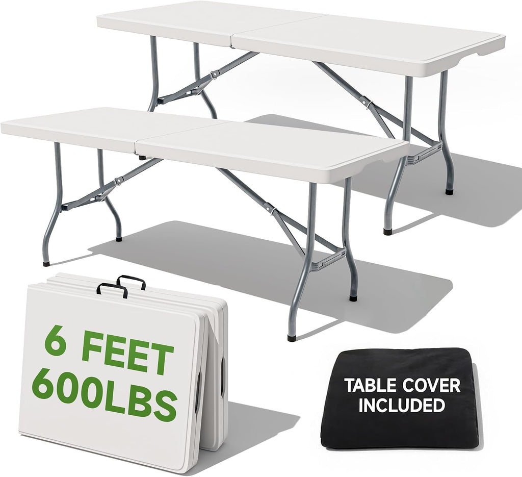 6 Foot Folding Table with Black Table Cloth - Heavy Duty 600LBS Capacity, Foldable Design with Safety Lock - Portable Folding Tables for Camping, Party, Indoor & Outdoor Use, 2 Pack